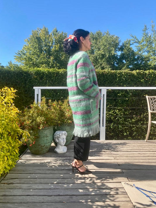 Green and pink stripe mohair blanket coat