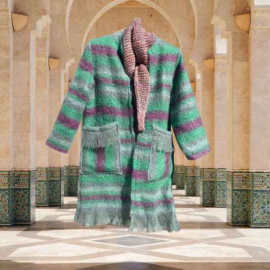 Green and pink stripe mohair blanket coat